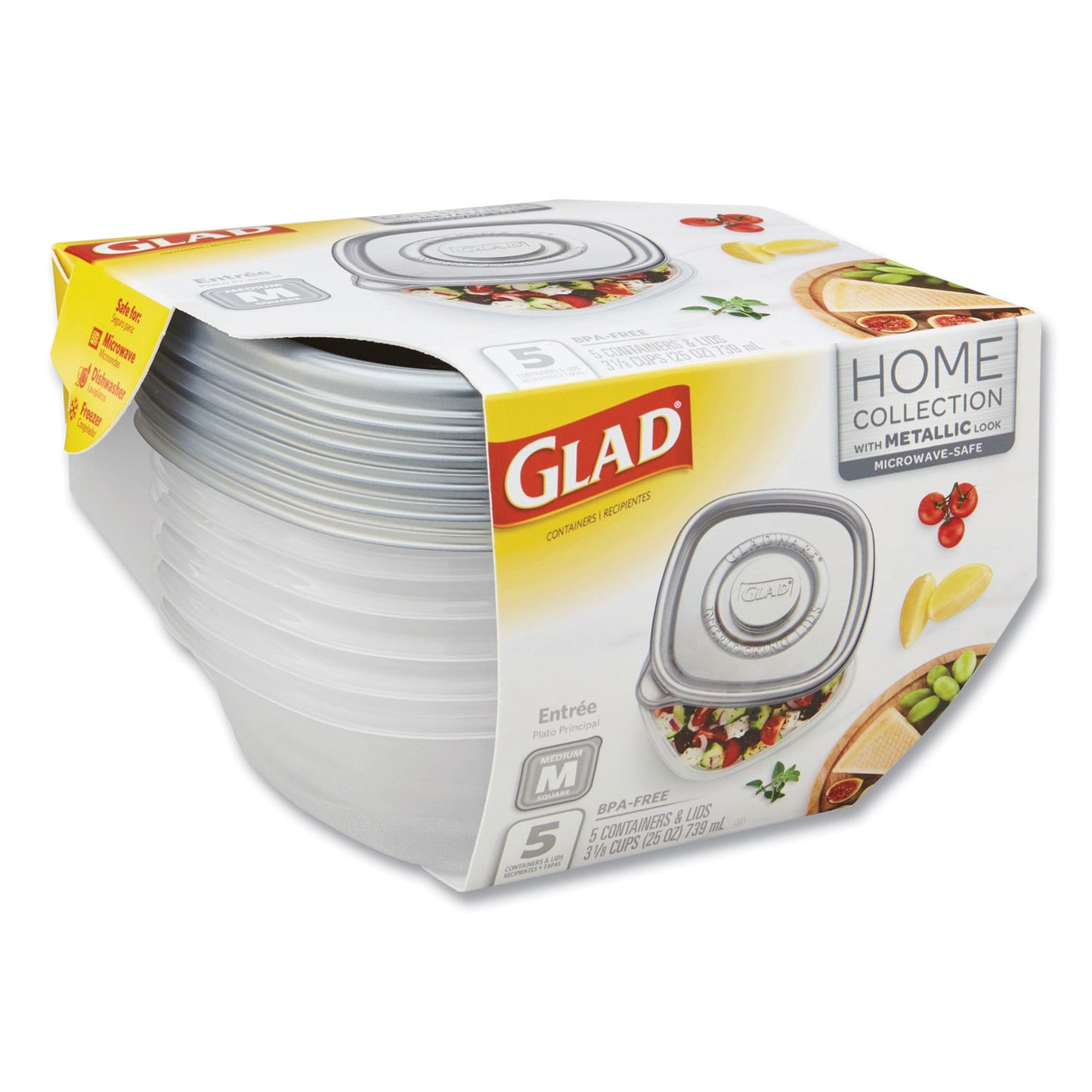 Glad Home Collection Food Storage Containers with Lids, Medium Square, 25 oz, Clear/Metallic, Plastic, 5/Pack (XZA60795)