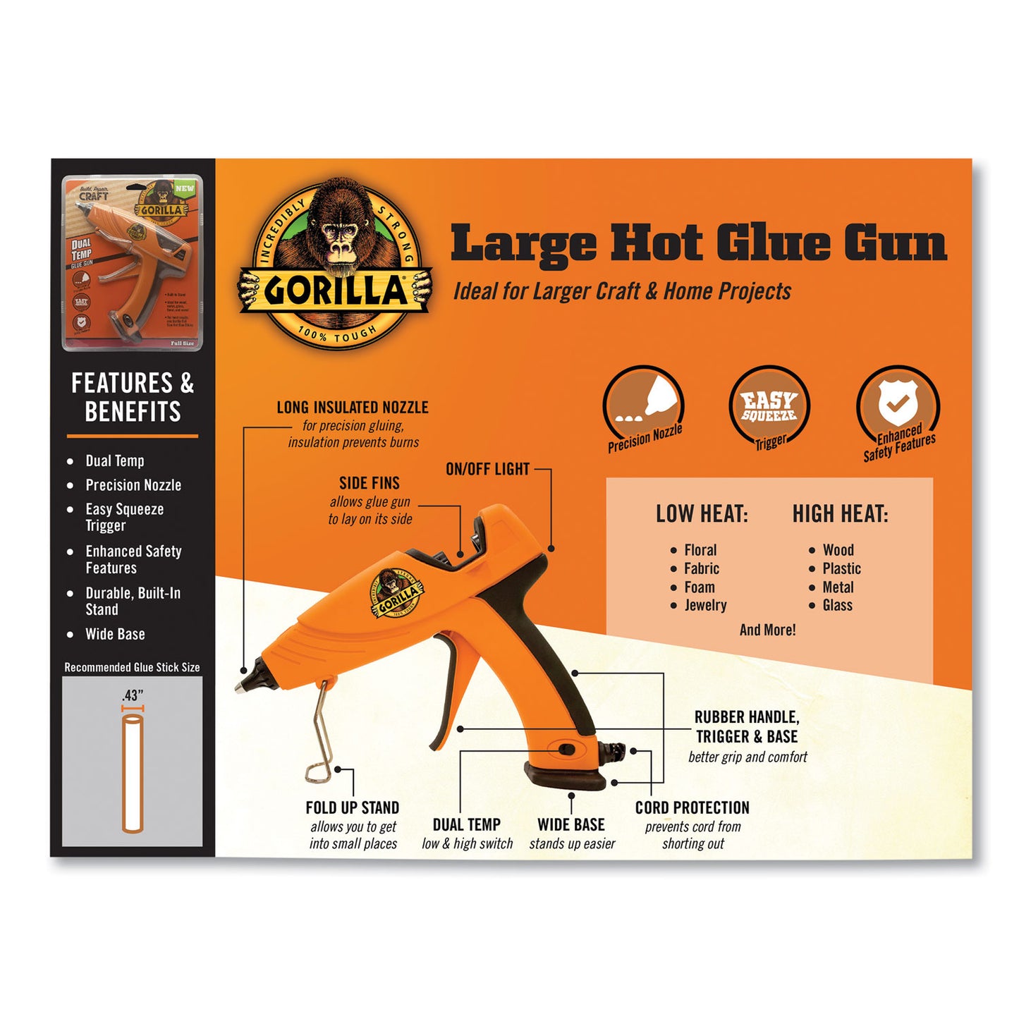 Gorilla Dual Temp Hot Glue Gun, Orange/Black (100424)