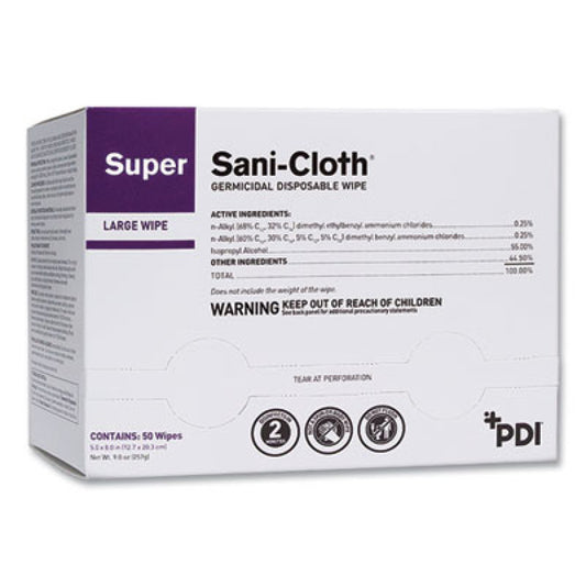 Super Sani-Cloth Individually Wrapped Germicidal Disposable Wipes, Large, 1-Ply, 5 x 8, Unscented, White, 50/Pack (H04082)