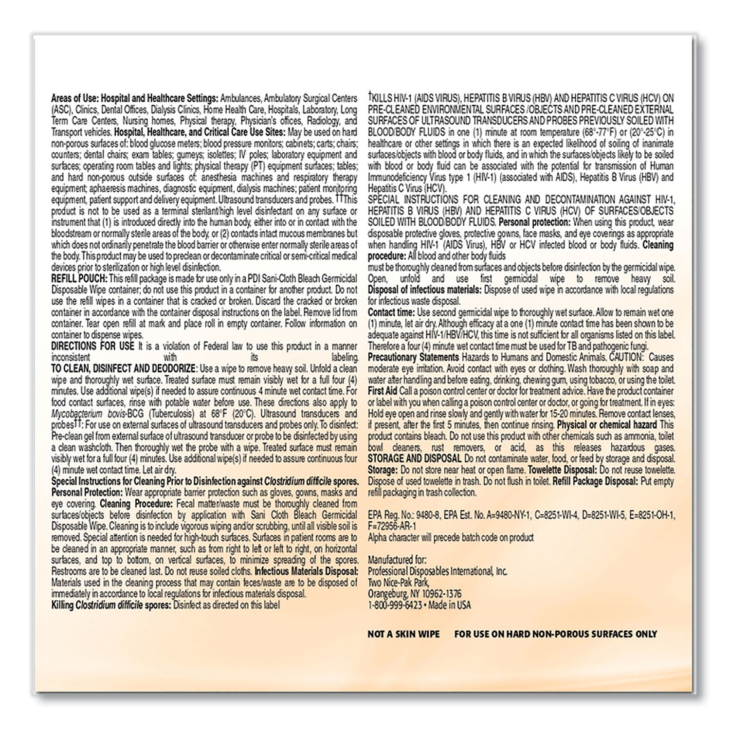 Sani-Cloth Bleach Germicidal Disposable Wipe Refill, 1-Ply, 7.5 x 15, Unscented, White, 160/Bag, 2 Bags/Carton (P700RF)