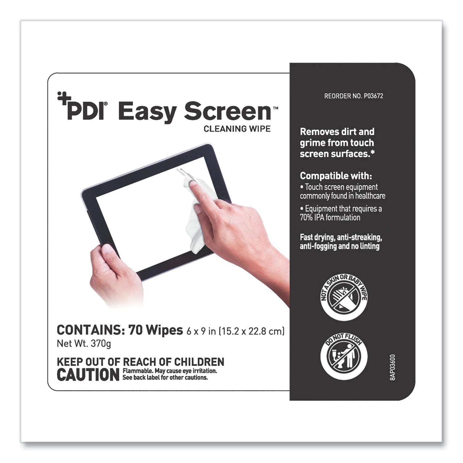 Sani PDI Easy Screen Cleaning Wipes, 1-Ply, 9 x 6, Unscented, White, 70/Pack (P03672)