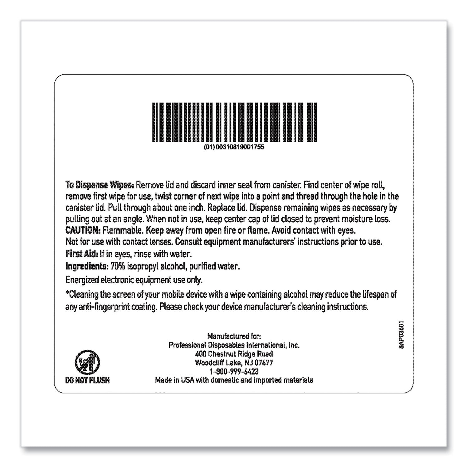 Sani PDI Easy Screen Cleaning Wipes, 1-Ply, 9 x 6, Unscented, White, 70/Pack (P03672)