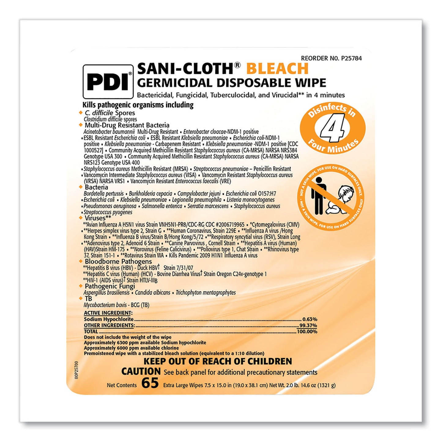 Sani-Cloth Bleach Germicidal Disposable Wipes, 1-Ply, 7.5 x 15, Unscented, White, 65/Pack (P25784)