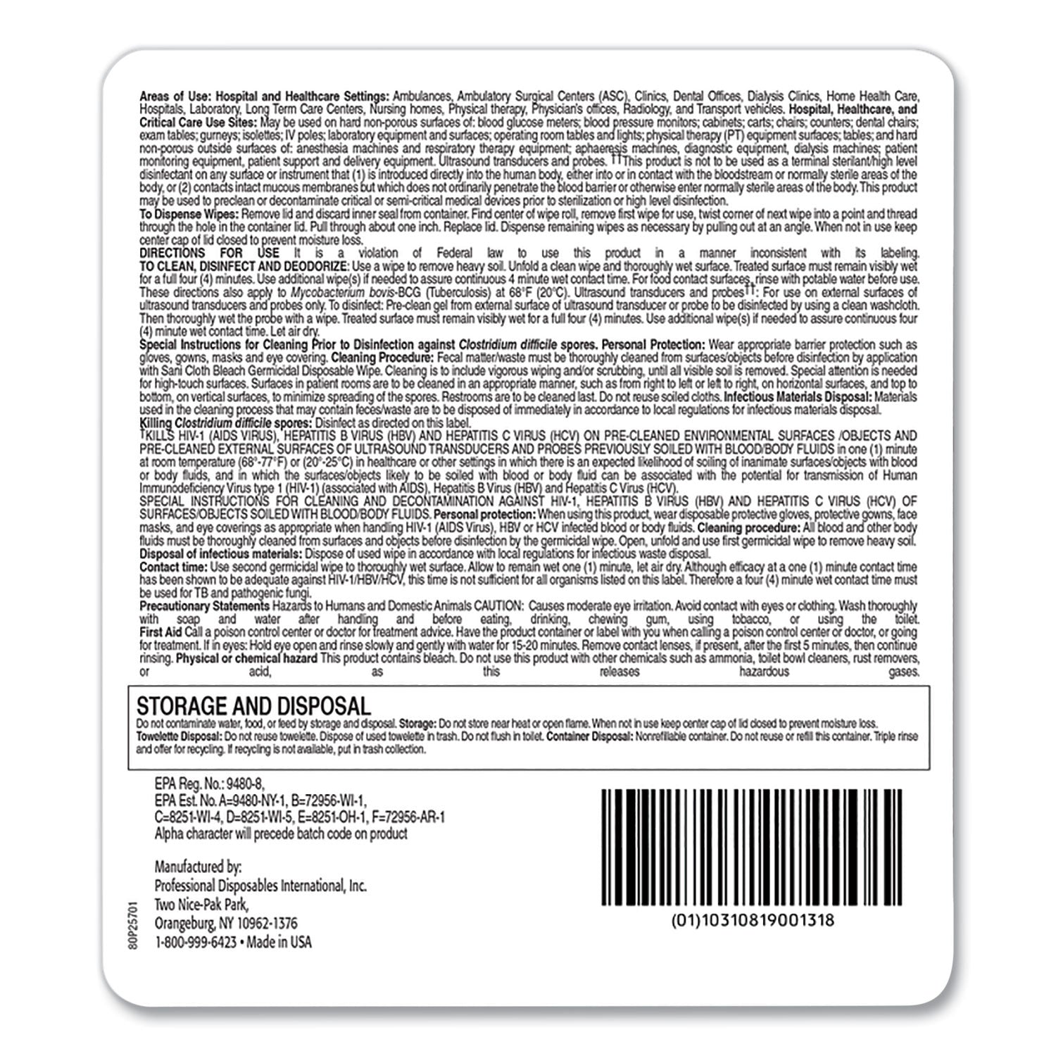 Sani-Cloth Bleach Germicidal Disposable Wipes, 1-Ply, 7.5 x 15, Unscented, White, 65/Pack (P25784)