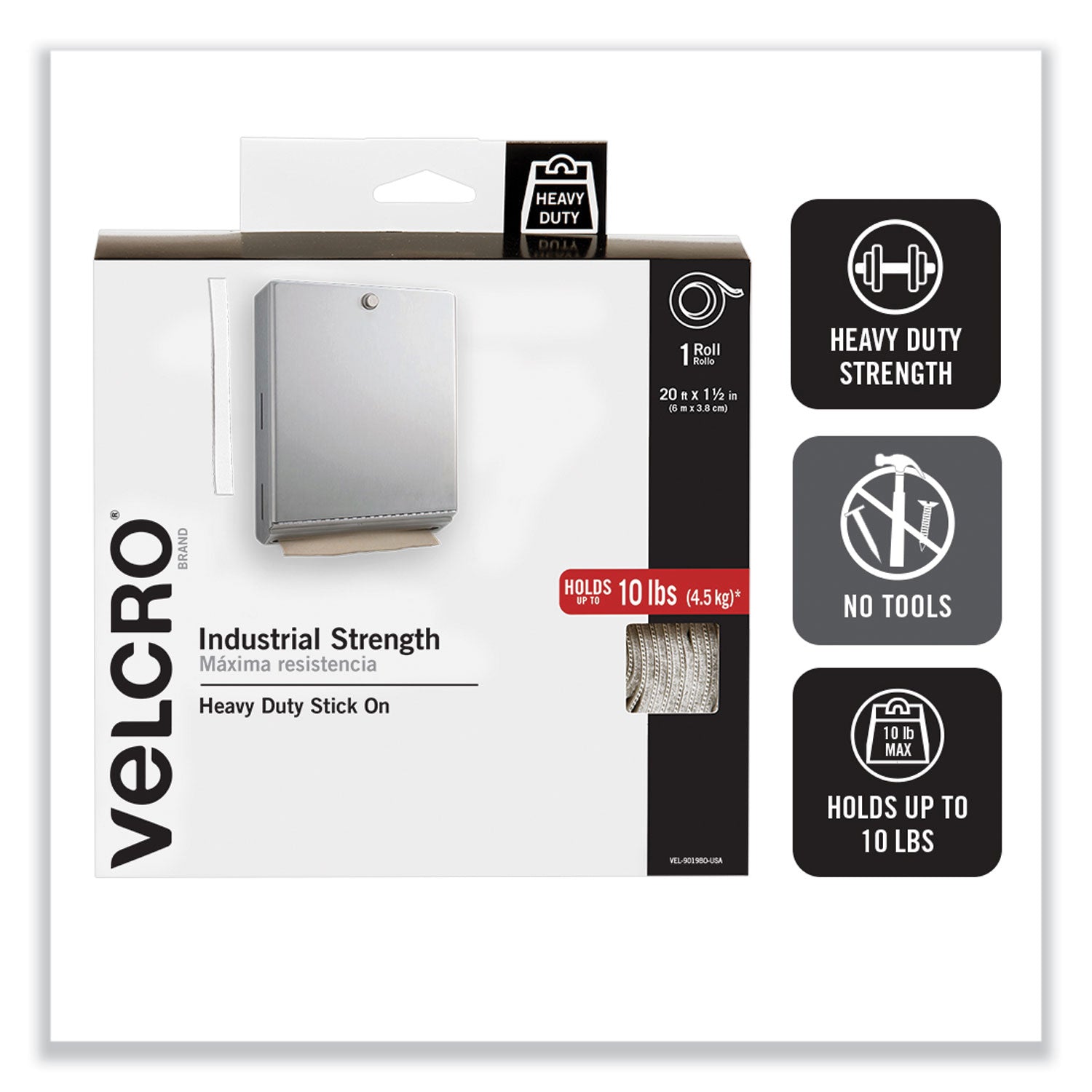 Velcro Industrial-Strength Heavy-Duty Fasteners with Dispenser Box, 2" x 15 ft, White (90198)