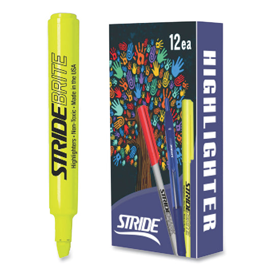 StrideBrite Tank Highlighter, Fluorescent Yellow Ink, Chisel Tip, Yellow Barrel, 12/Box (42005)