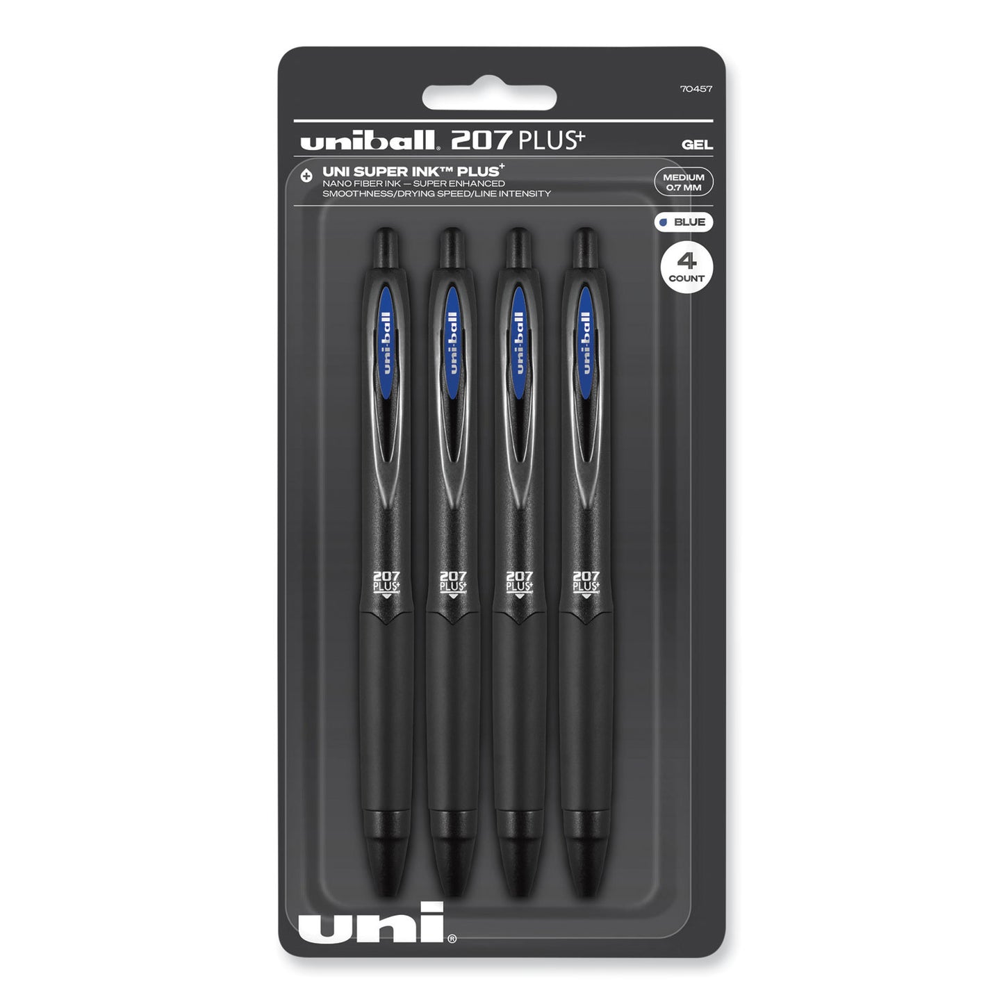 uni-ball 207 Plus+ Gel Pen, Retractable, Medium 0.7 mm, Blue Ink, Black Barrel, 4/Pack (70457)