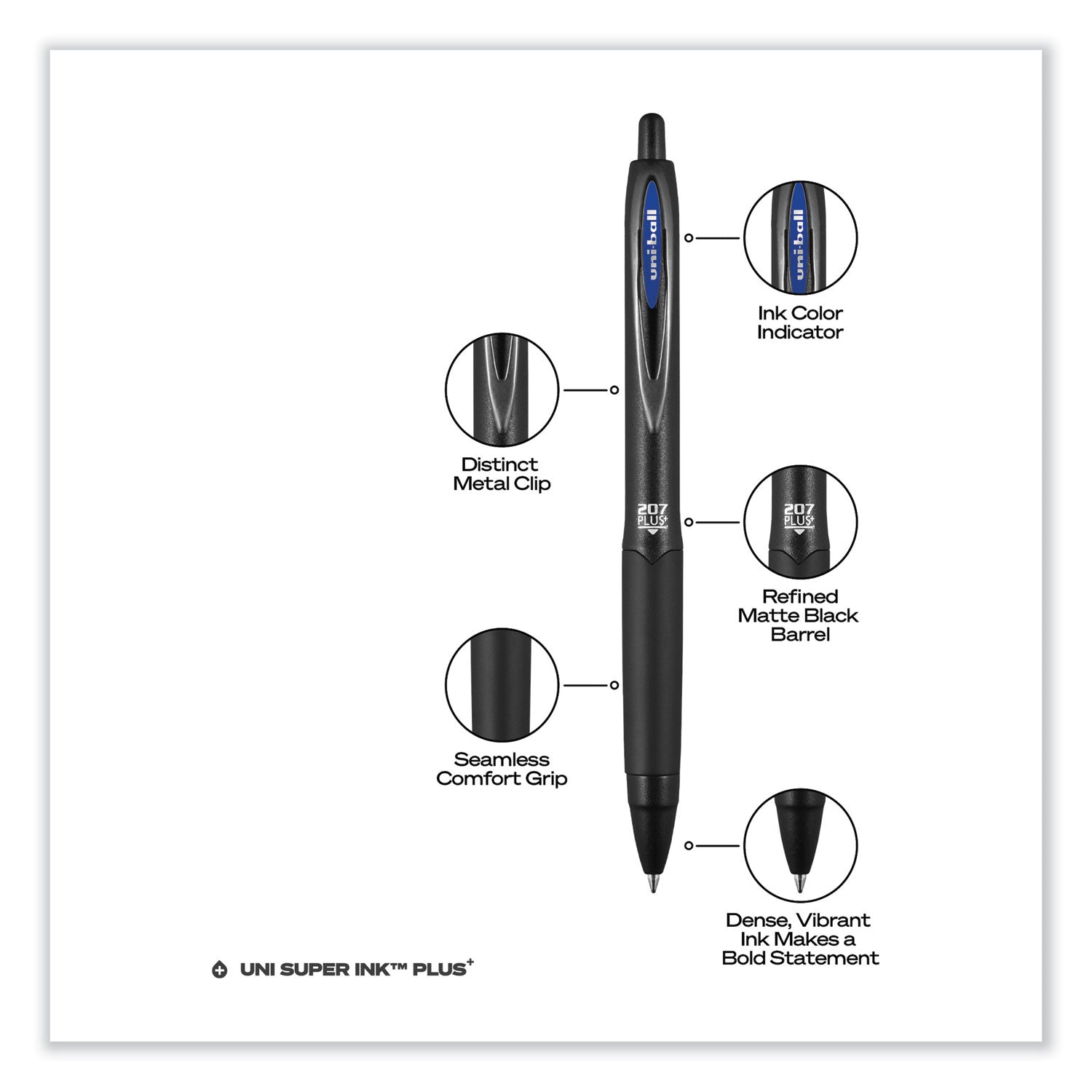 uni-ball 207 Plus+ Gel Pen, Retractable, Medium 0.7 mm, Blue Ink, Black Barrel, 4/Pack (70457)