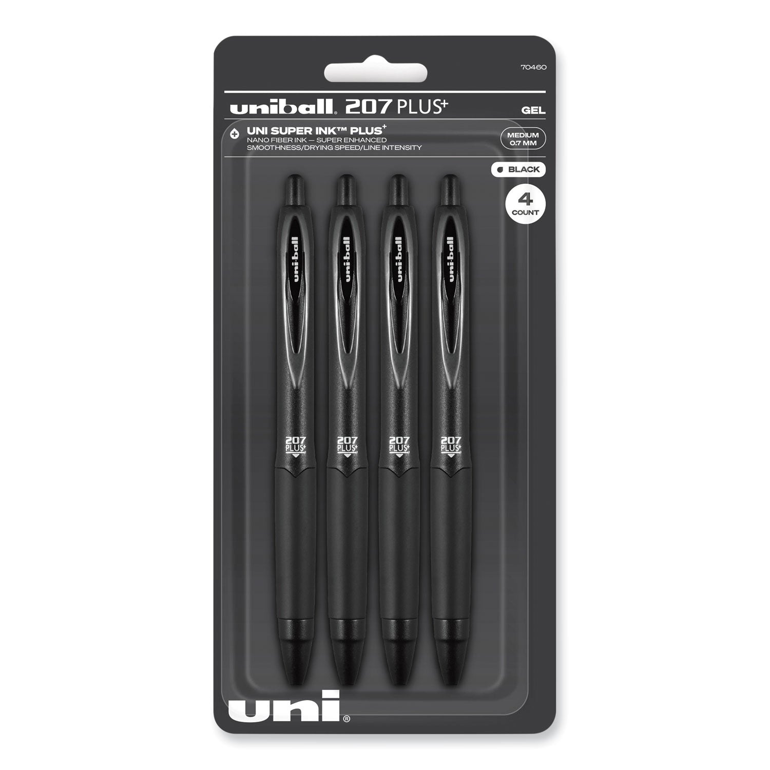 uni-ball 207 Plus+ Gel Pen, Retractable, Medium 0.7 mm, Black Ink, Black Barrel, 4/Pack (70460)