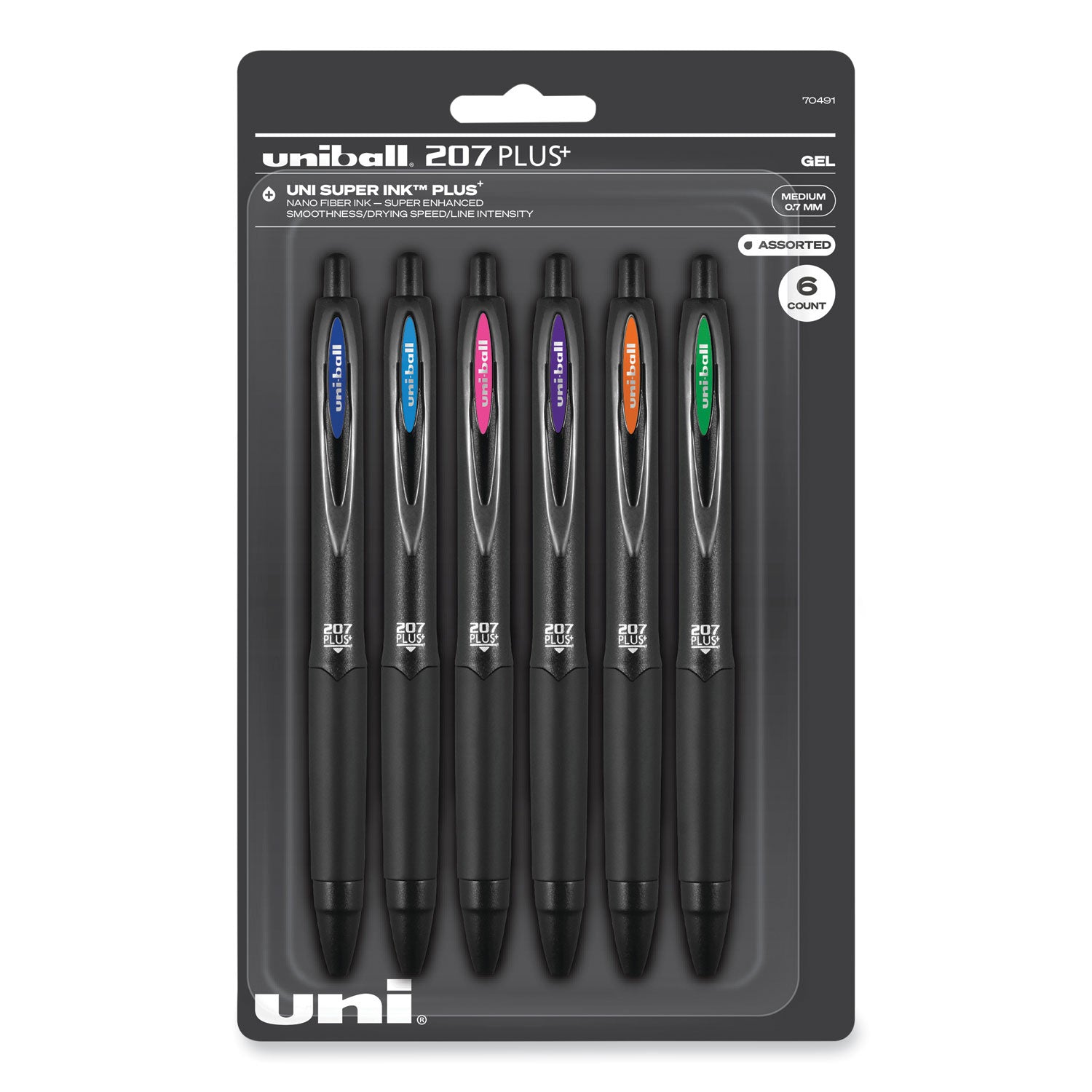 uni-ball 207 Plus+ Gel Pen, Retractable, Medium 0.7 mm, Assorted Inspirational Ink Colors, Black Barrel, 6/Pack (70491)