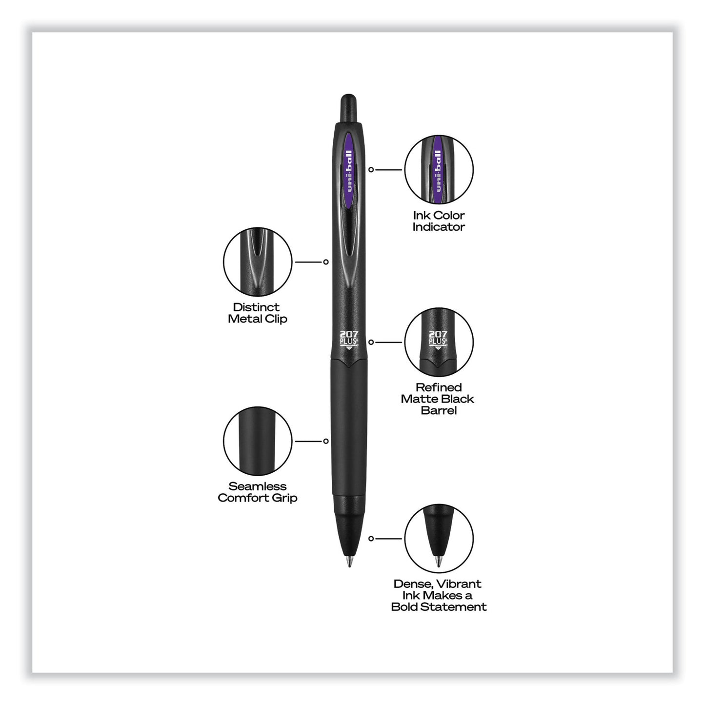 uni-ball 207 Plus+ Gel Pen, Retractable, Medium 0.7 mm, Assorted Inspirational Ink Colors, Black Barrel, 6/Pack (70491)