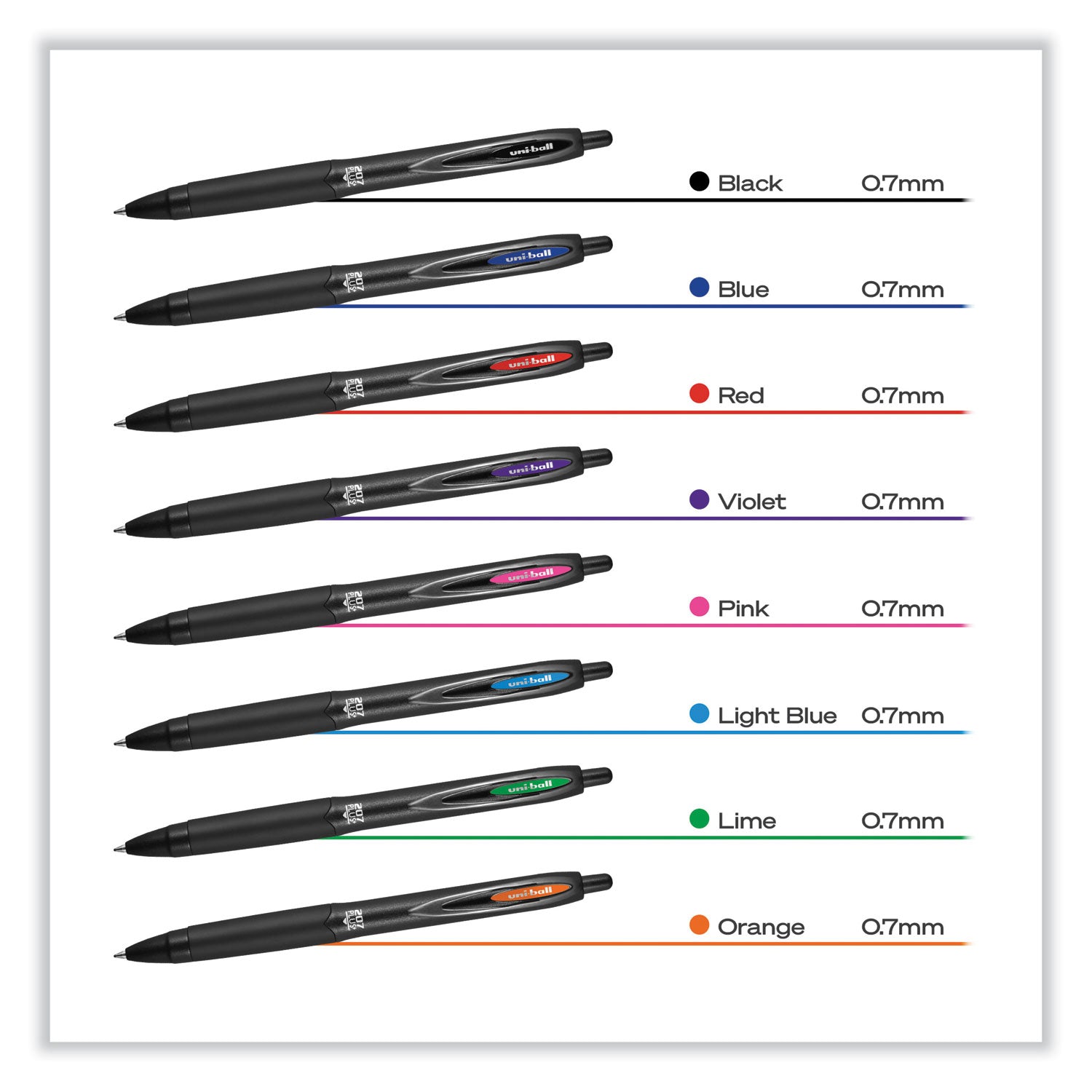 uni-ball 207 Plus+ Gel Pen, Retractable, Medium 0.7 mm, Assorted Inspirational Ink Colors, Black Barrel, 6/Pack (70491)