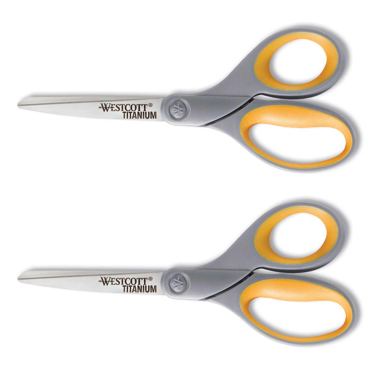 Westcott Titanium Bonded Scissors, 8" Long, 3.5" Cut Length, Straight Gray/Yellow Handle, 2/Pack (13901)