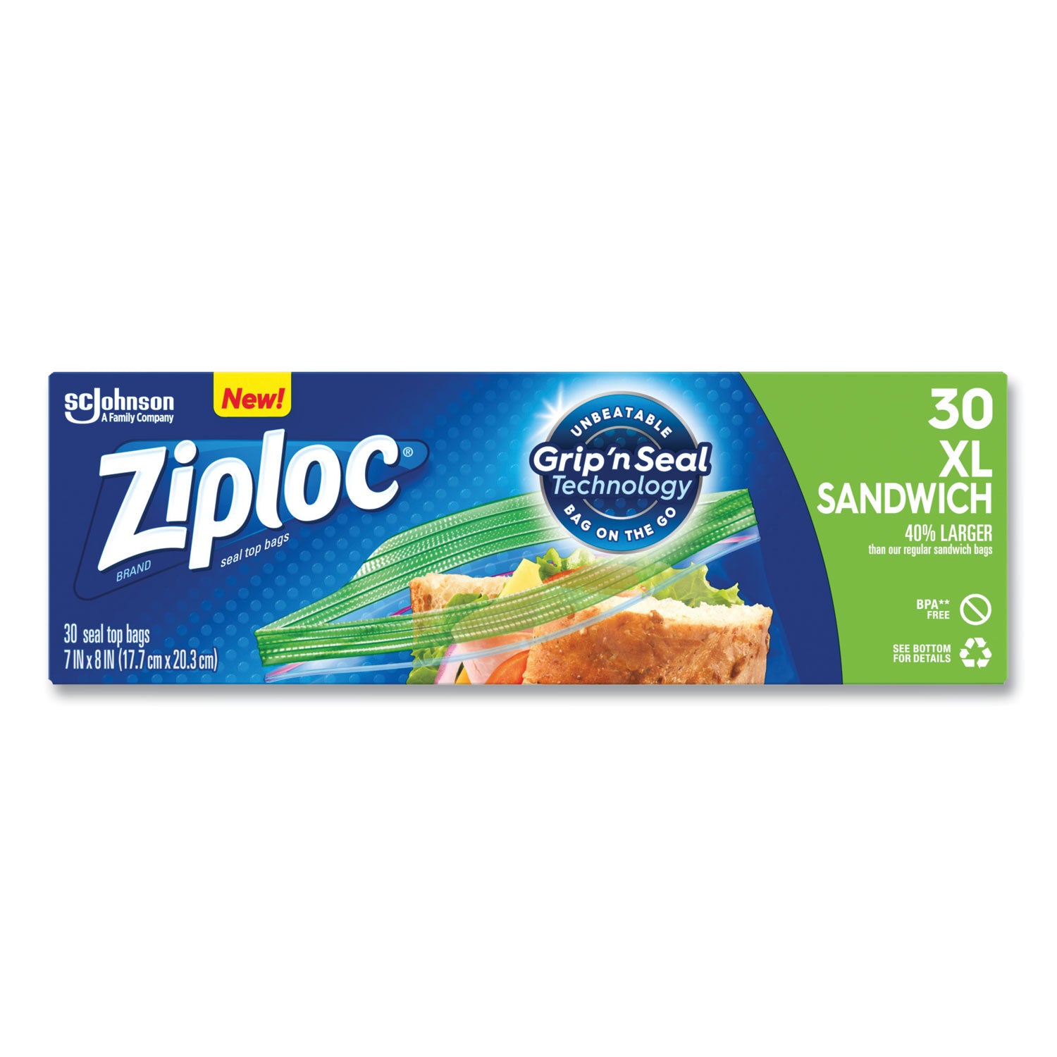 Ziploc Sandwich Seal Top Bags, XL Sandwich, 8" x 7", Clear, 30/Box (315880)