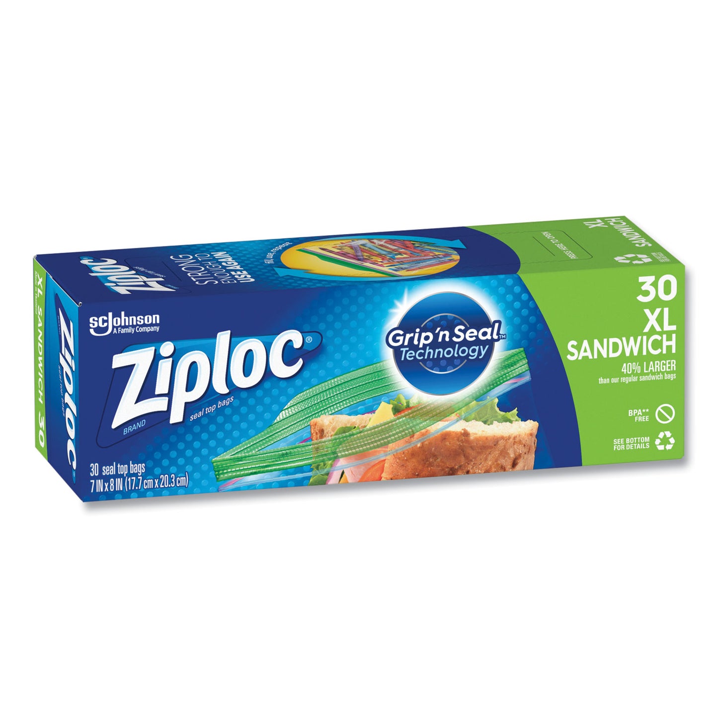 Ziploc Sandwich Seal Top Bags, XL Sandwich, 8" x 7", Clear, 30/Box (315880)