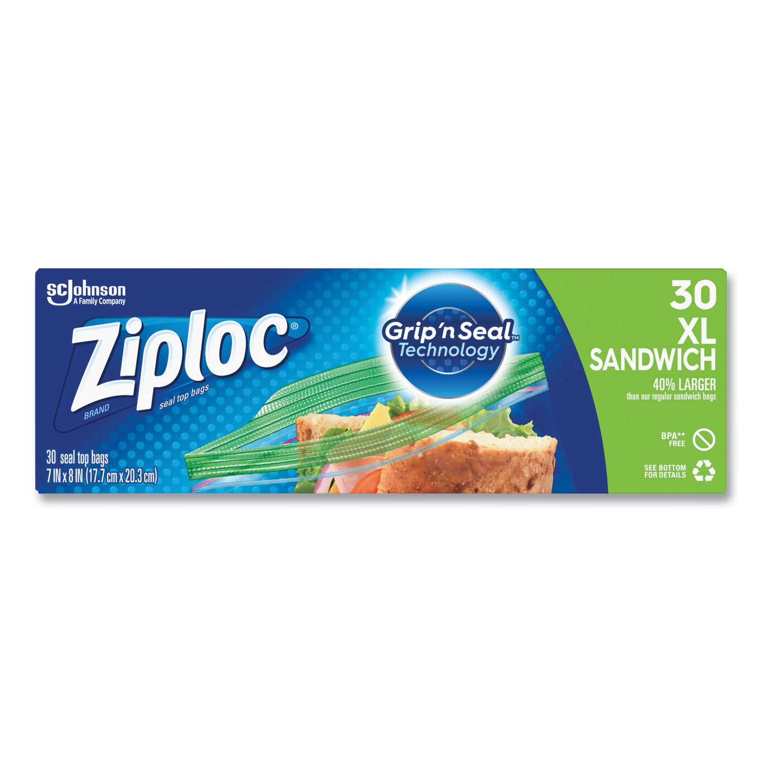 Ziploc Sandwich Seal Top Bags, XL Sandwich, 8" x 7", Clear, 30/Box (315880)