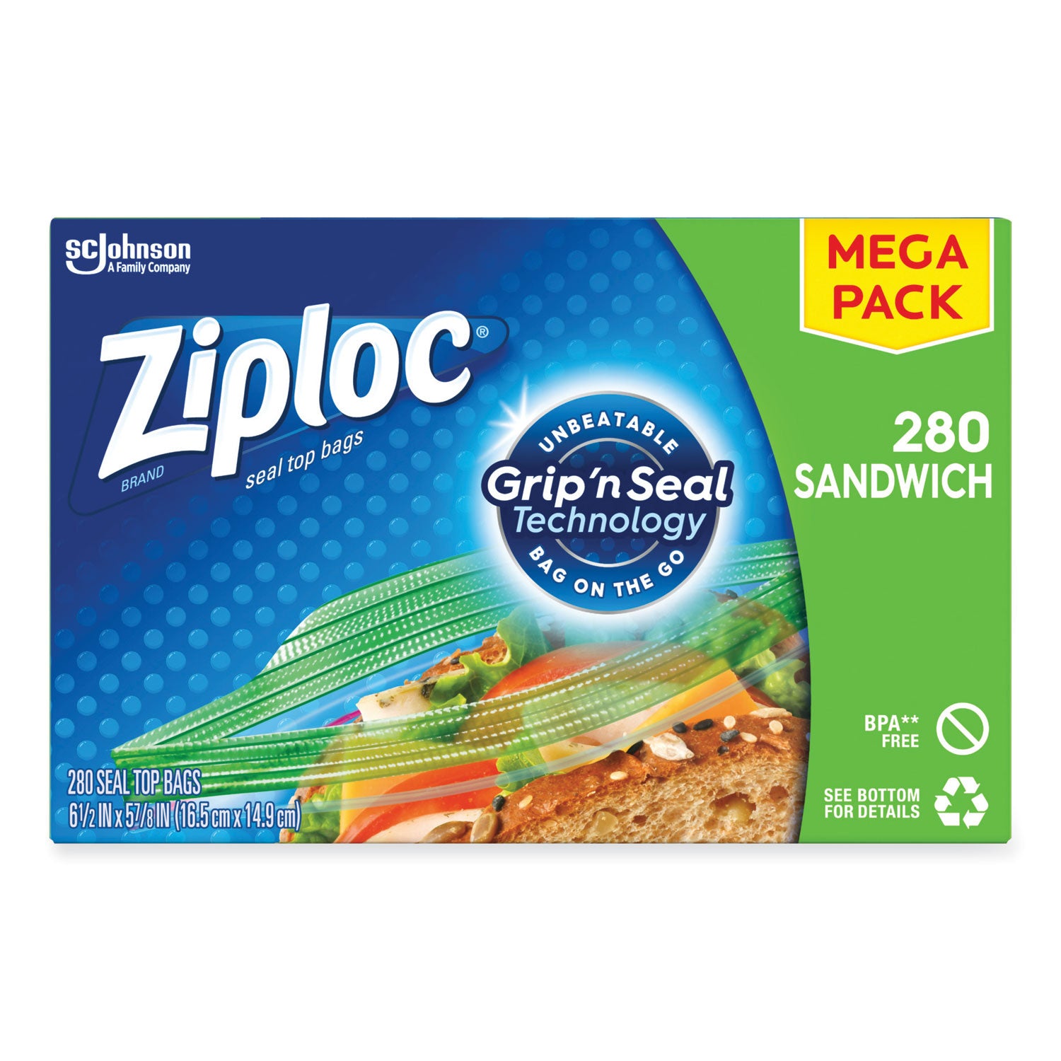 Ziploc Sandwich Seal Top Bags, 6.5" x 5.88", Clear, 280/Box (315886)