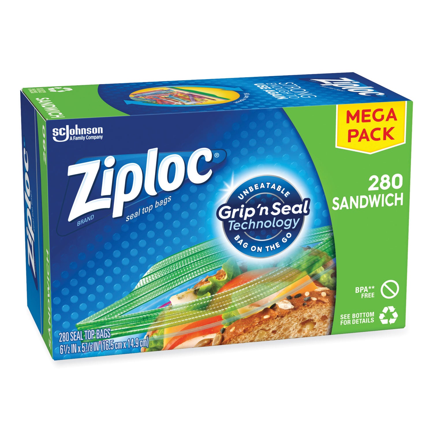 Ziploc Sandwich Seal Top Bags, 6.5" x 5.88", Clear, 280/Box (315886)