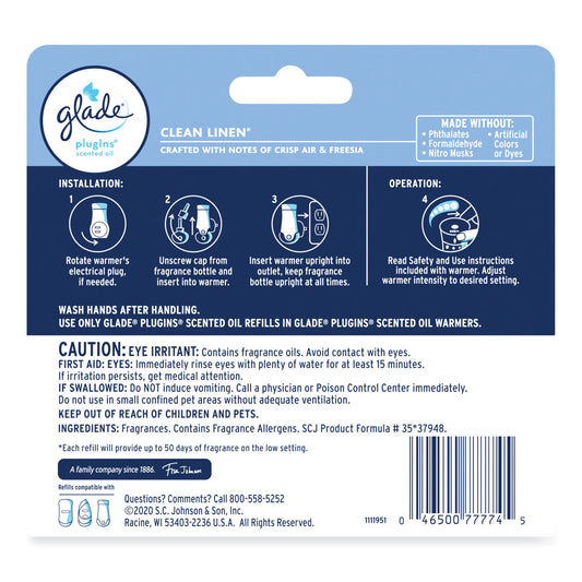 Glade Plugins Scented Oil Refill, Clean Linen, 0.67 oz, 5/Pack (322829)