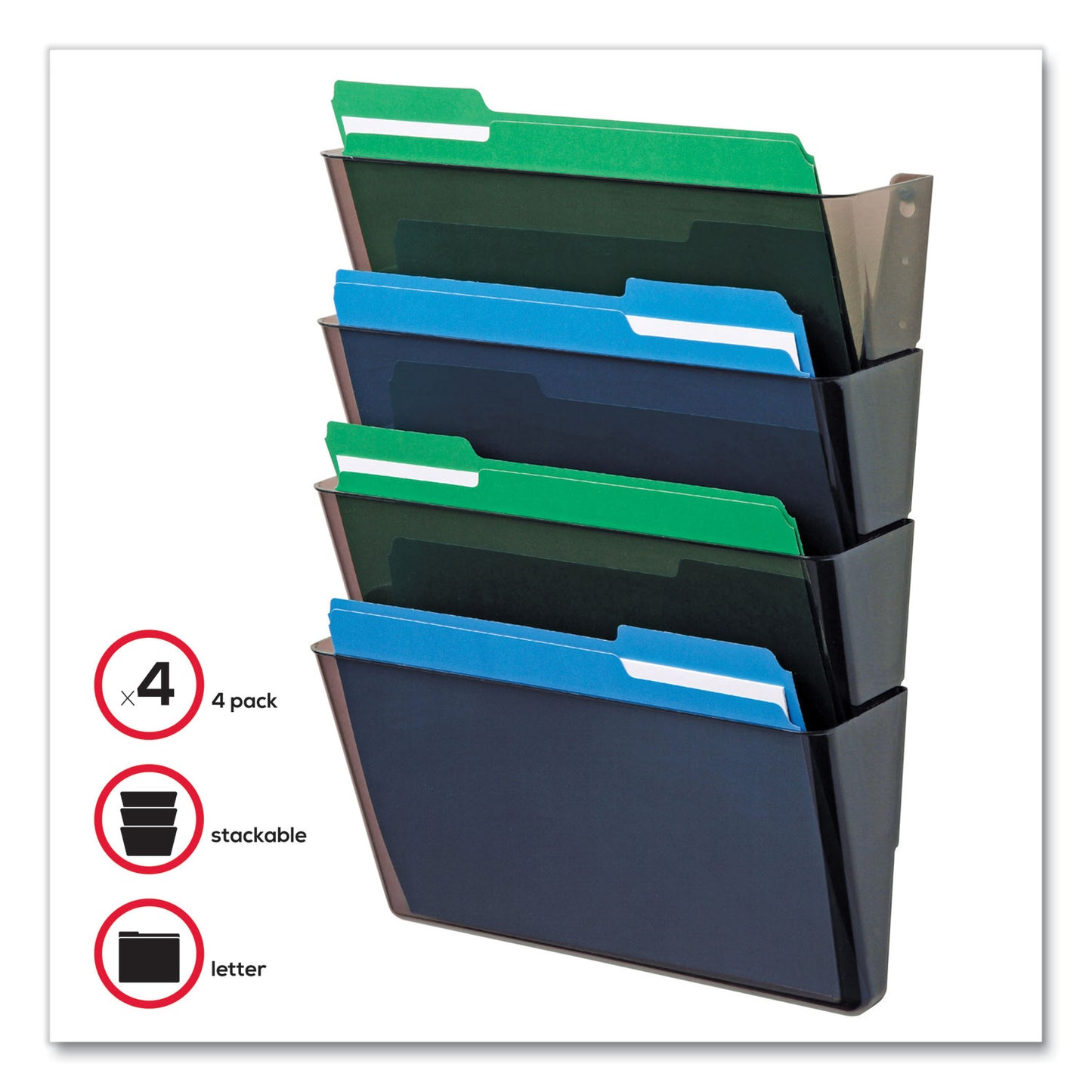 Deflecto DocuPocket Stackable Four-Pocket Wall File, 4 Sections, Letter Size, 13" x 4", Smoke (73402)