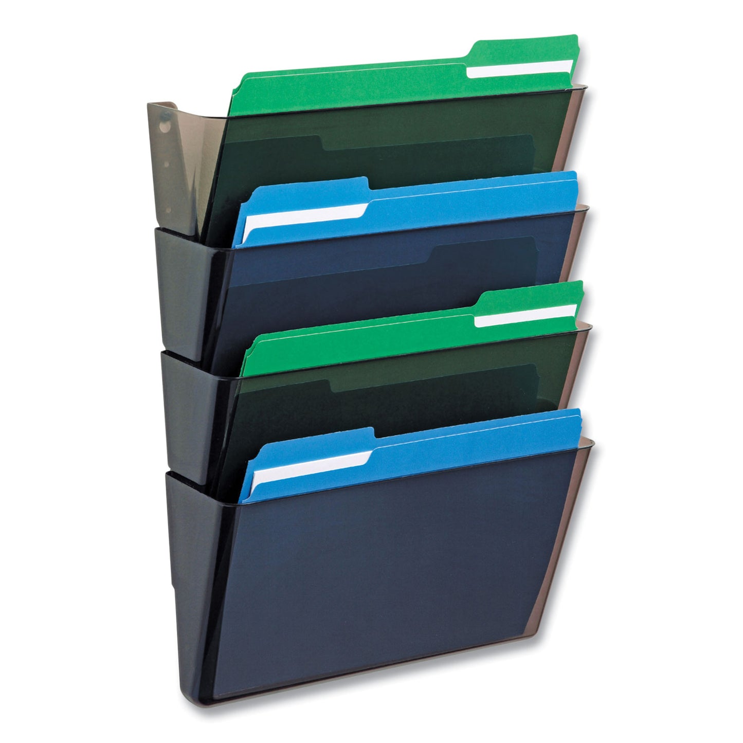 Deflecto DocuPocket Stackable Four-Pocket Wall File, 4 Sections, Letter Size, 13" x 4", Smoke (73402)