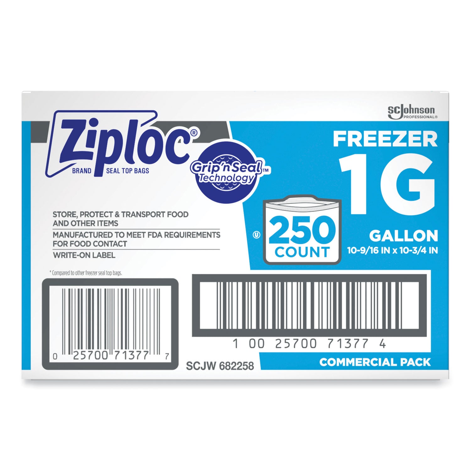 Ziploc Zipper Freezer Bags, 1 gal, 10.56" x 10.75", Clear, 250/Carton (682258)