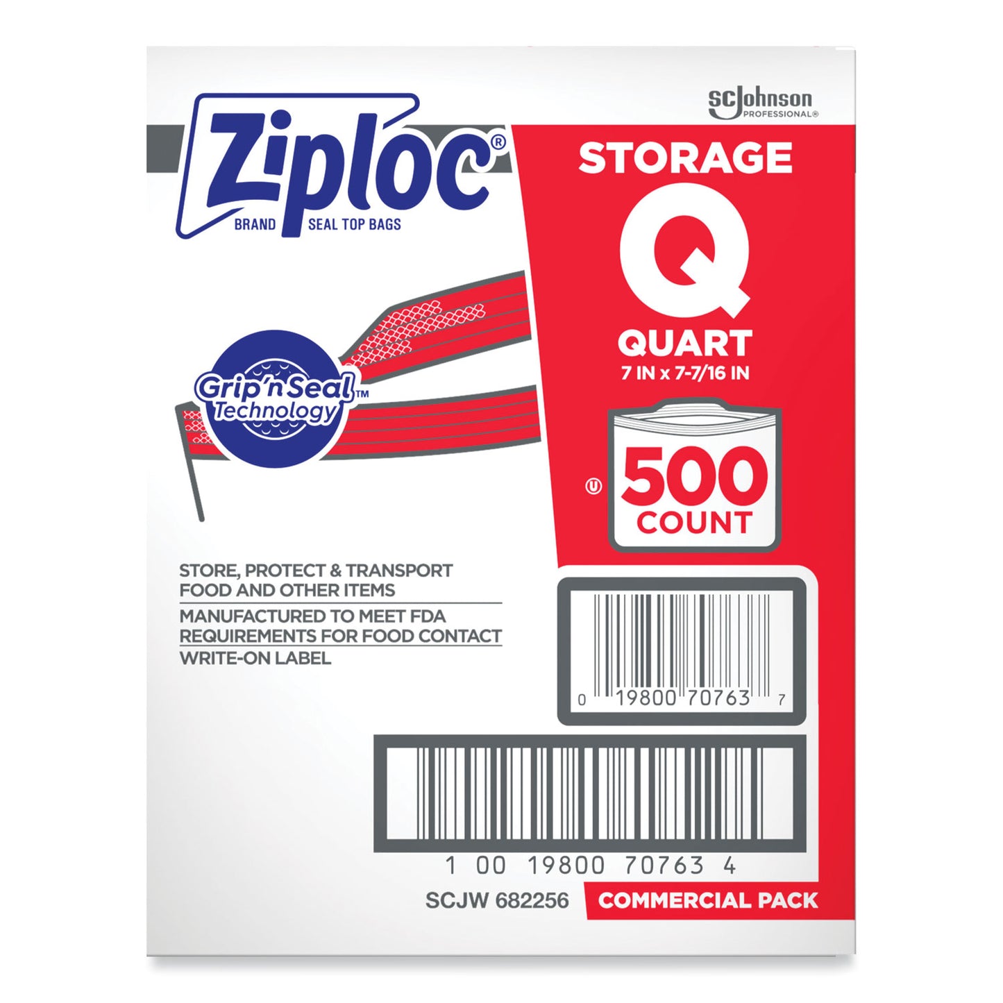 Ziploc Double Zipper Storage Bags, Quart, 7" x 7.75", Clear, 500/Box (682256)