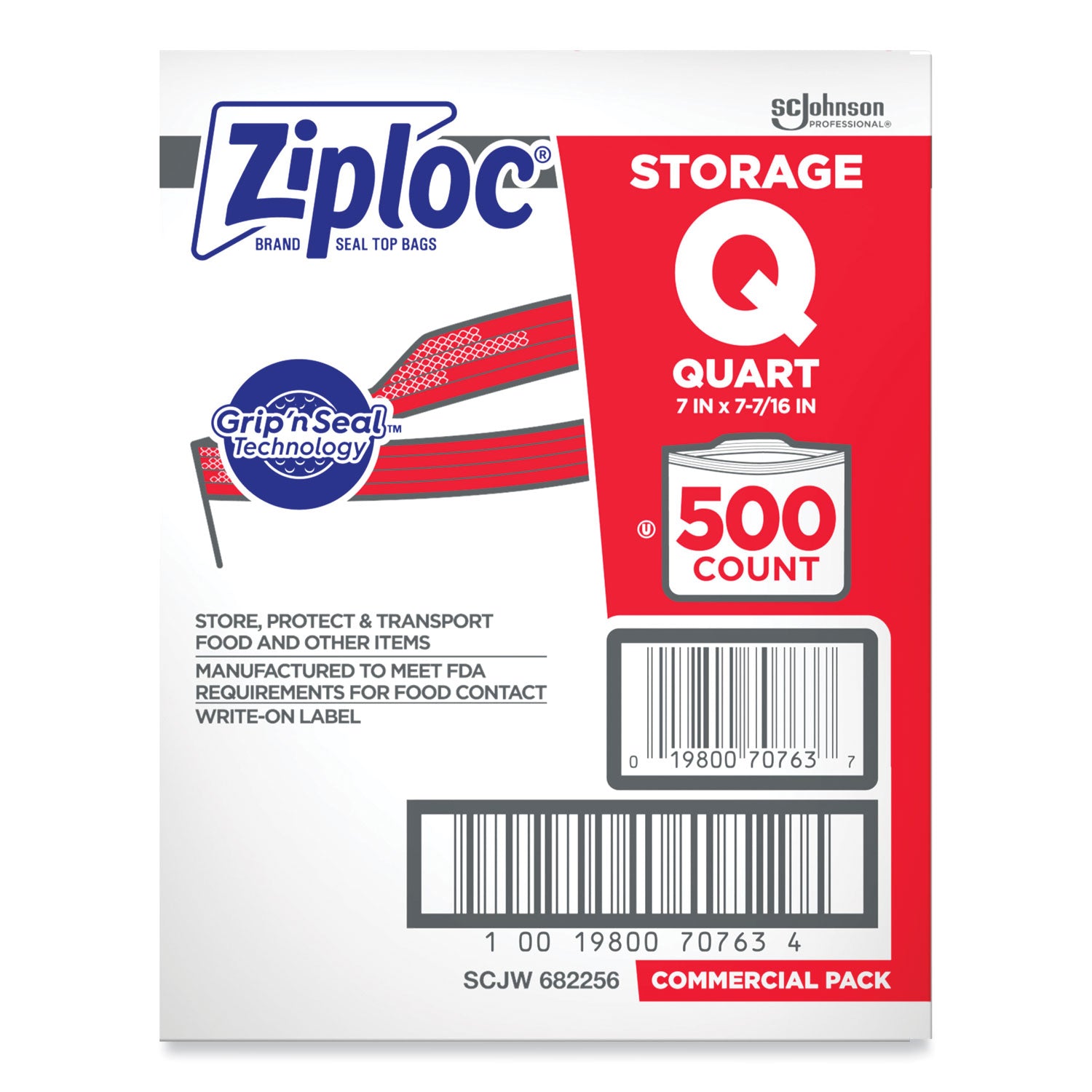 Ziploc Double Zipper Storage Bags, Quart, 7" x 7.75", Clear, 500/Box (682256)