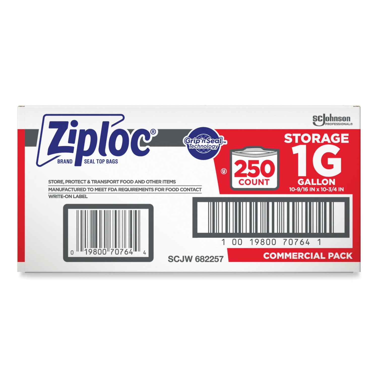 Ziploc Double Zipper Storage Bags, Triple System Seal, Gallon, 10.56" x 10.75", Clear, 250/Box (682257)