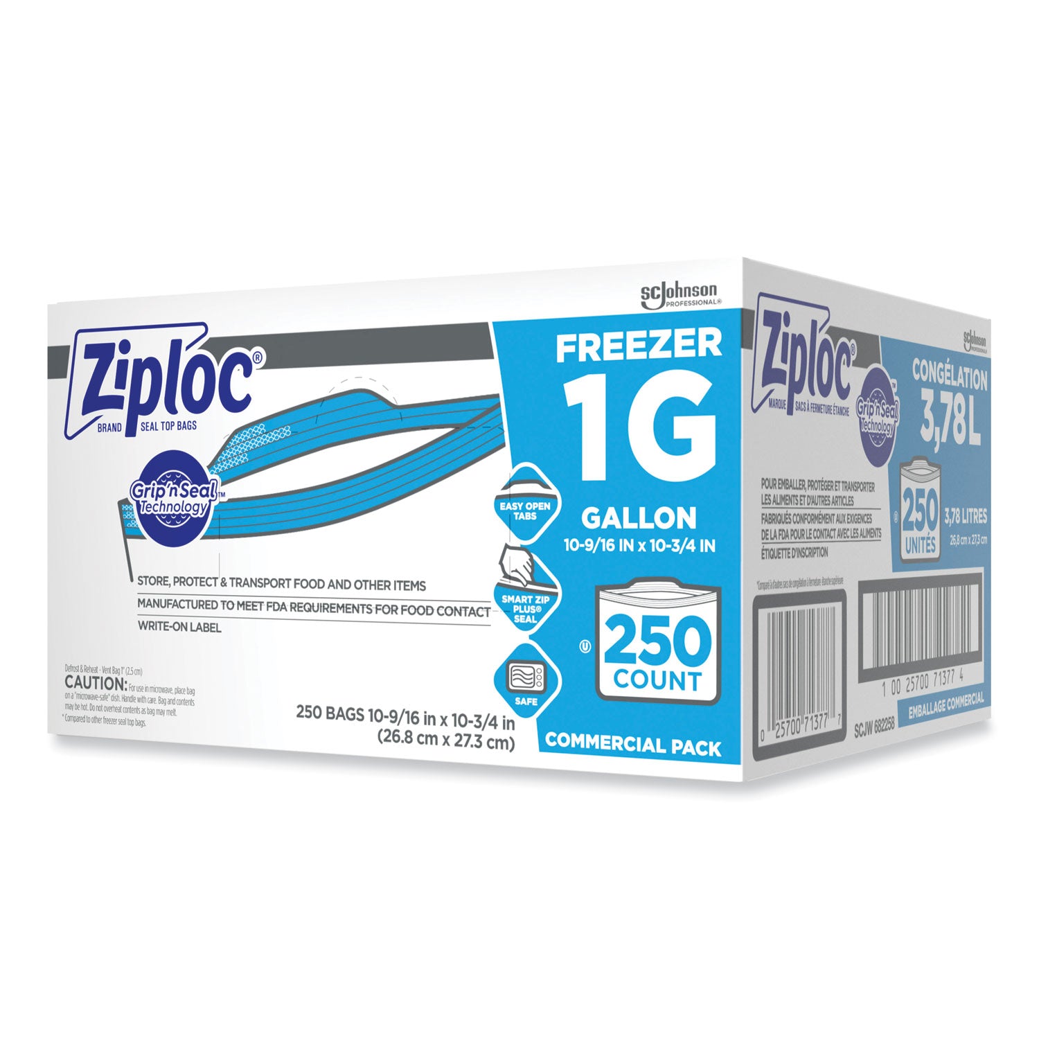 Ziploc Zipper Freezer Bags, 1 gal, 10.56" x 10.75", Clear, 250/Carton (682258)