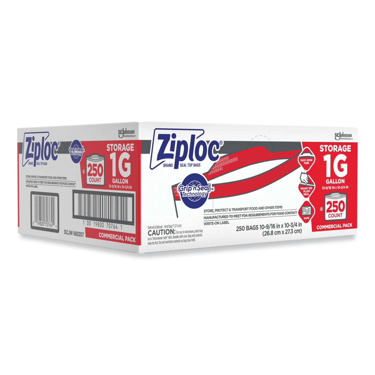 Ziploc Double Zipper Storage Bags, Triple System Seal, Gallon, 10.56" x 10.75", Clear, 250/Box (682257)