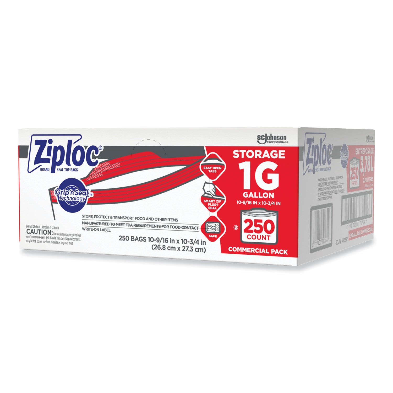 Ziploc Double Zipper Storage Bags, Triple System Seal, Gallon, 10.56" x 10.75", Clear, 250/Box (682257)