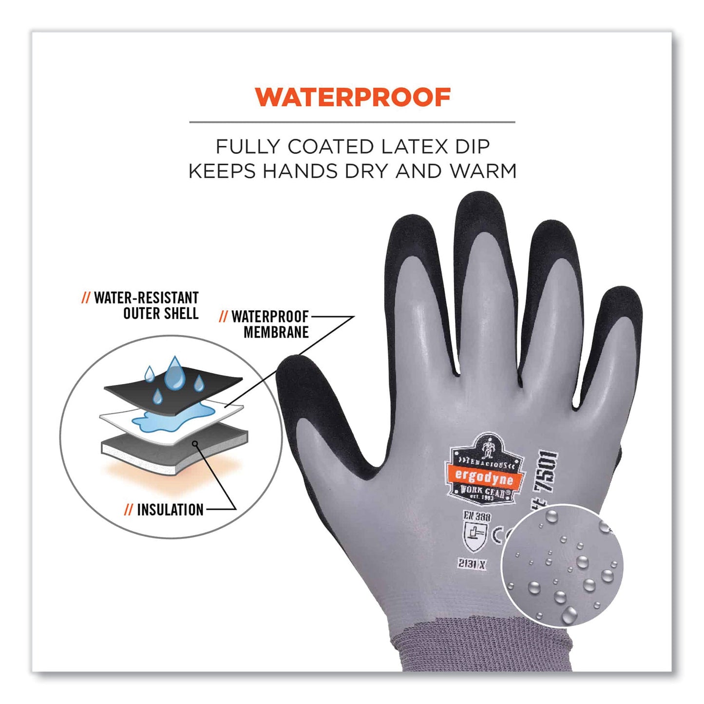 ergodyne ProFlex 7501 Coated Waterproof Winter Gloves, Gray, Small, Pair (17632)