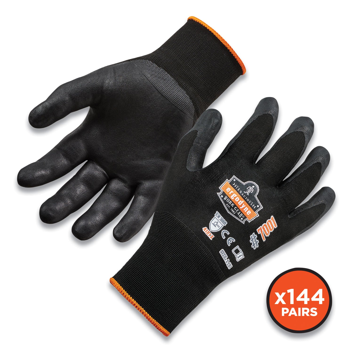 ergodyne ProFlex 7001-CASE Nitrile Coated Gloves, Black, Medium, 144 Pairs/Carton (17853)