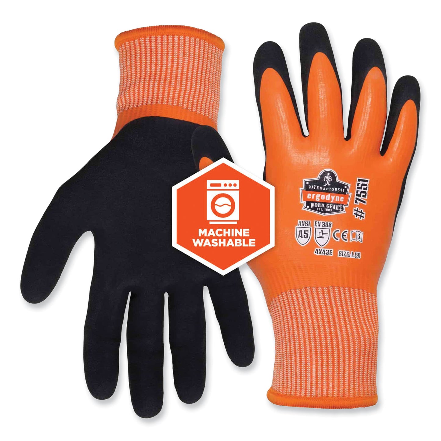 ergodyne ProFlex 7551 ANSI A5 Coated Waterproof CR Gloves, Orange, Medium, Pair (17673)