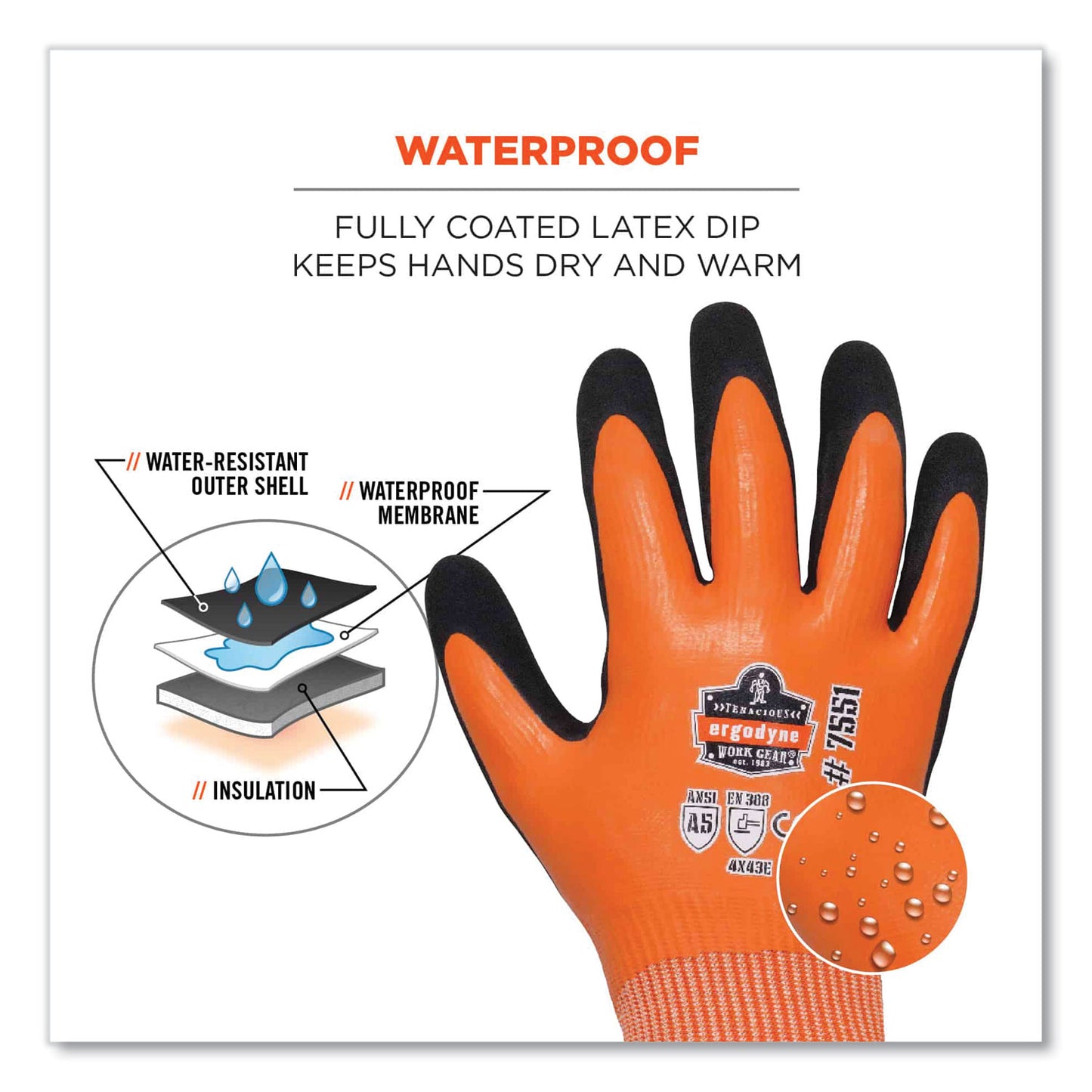 ergodyne ProFlex 7551 ANSI A5 Coated Waterproof CR Gloves, Orange, X-Large, Pair (17675)