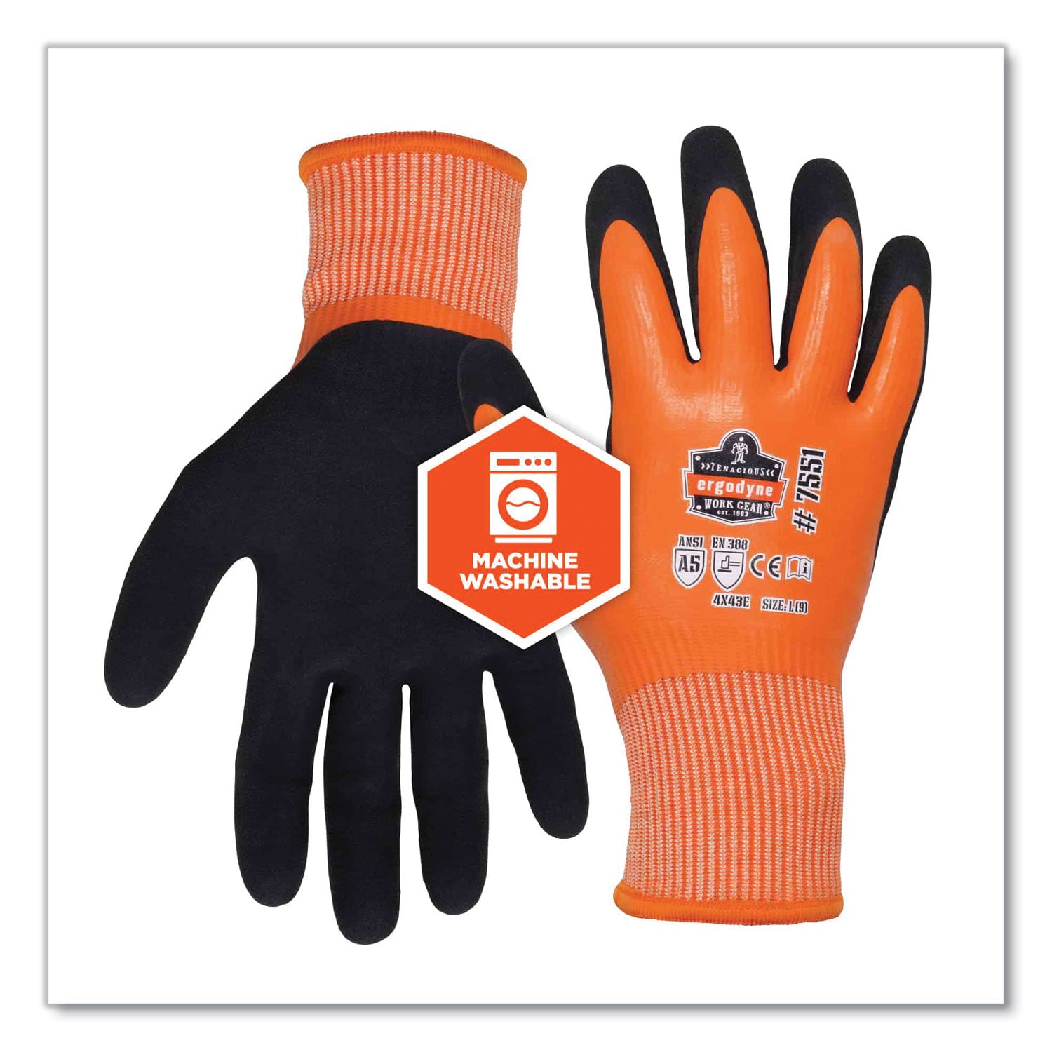 ergodyne ProFlex 7551 ANSI A5 Coated Waterproof CR Gloves, Orange, 2X-Large, Pair (17676)