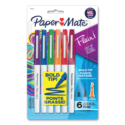 Paper Mate Flair Felt Tip Porous Point Pen, Stick, Bold 1.2 mm, Assorted Ink Colors, White Pearl Barrel, 6/Pack (2125411)