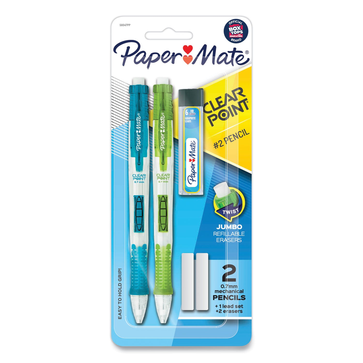 Paper Mate Clear Point Mechanical Pencils with Tube of Lead/Erasers, 0.7 mm, HB (#2), Black Lead, Randomly Assorted Barrel Colors, 2/PK (56047PP)