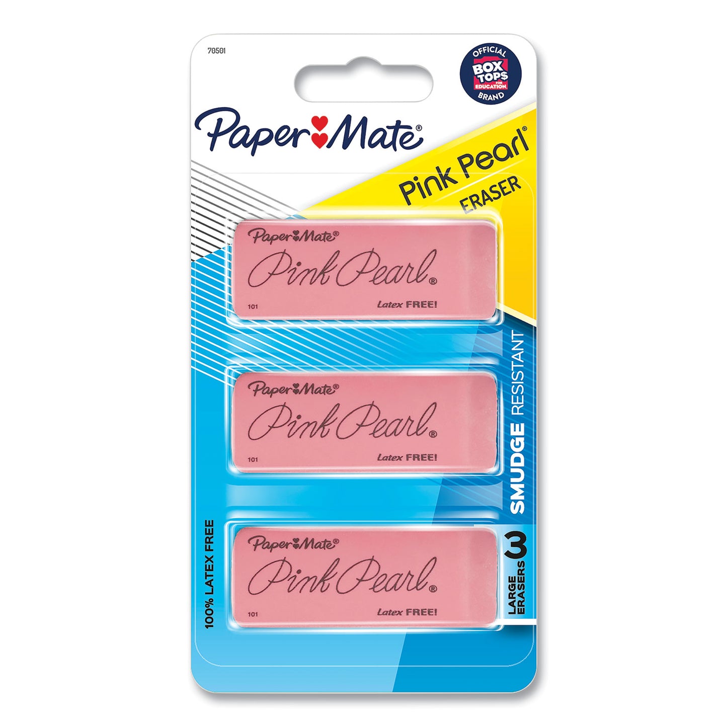 Paper Mate Pink Pearl Eraser, For Pencil Marks, Rectangular Block, Large, Pink, 3/Pack (70501)