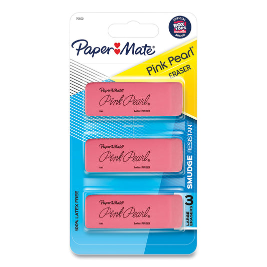 Paper Mate Pink Pearl Eraser, For Pencil Marks, Rectangular Block, Medium, Pink, 3/Pack (70502)