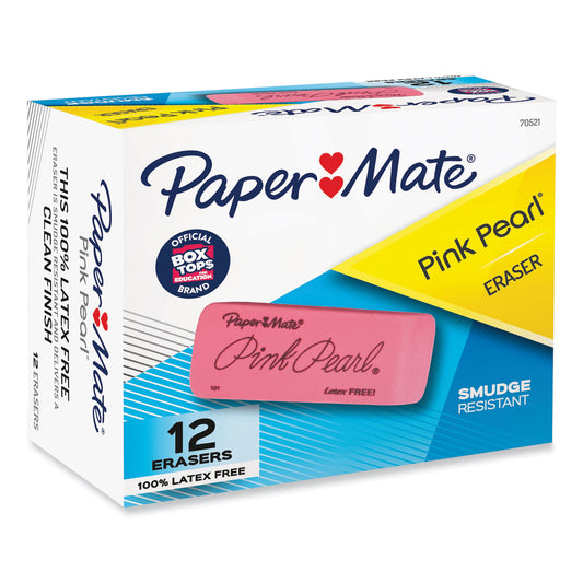 Paper Mate Pink Pearl Eraser, For Pencil Marks, Rectangular Block, Large, Pink, 12/Box (70521)