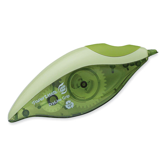Paper Mate DryLine Grip Correction Tape, Recycled Dispenser, Green/White Applicator, 0.2" x 335", 2/Pack (1744480)