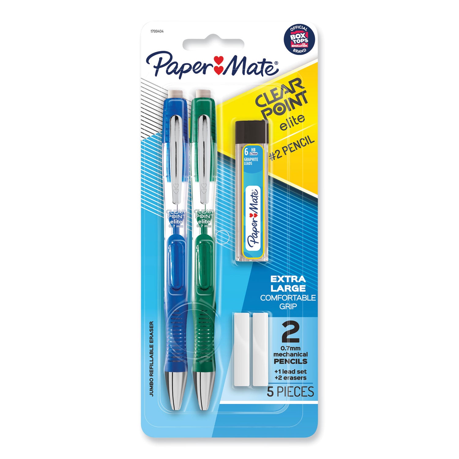 Paper Mate Clearpoint Elite Mechanical Pencils, 0.7 mm, HB (#2), Black Lead, Blue and Green Barrels, 2/Pack (1799404)