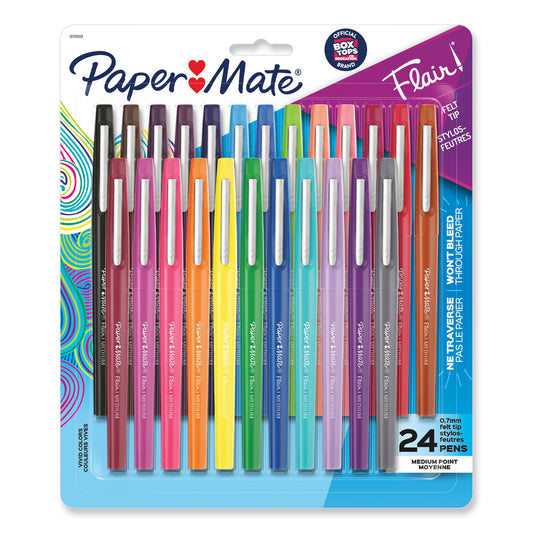 Paper Mate Point Guard Flair Felt Tip Porous Point Pen, Stick, Medium 0.7 mm, Assorted Tropical Vacation Ink and Barrel Colors, 24/Pack (1978998)