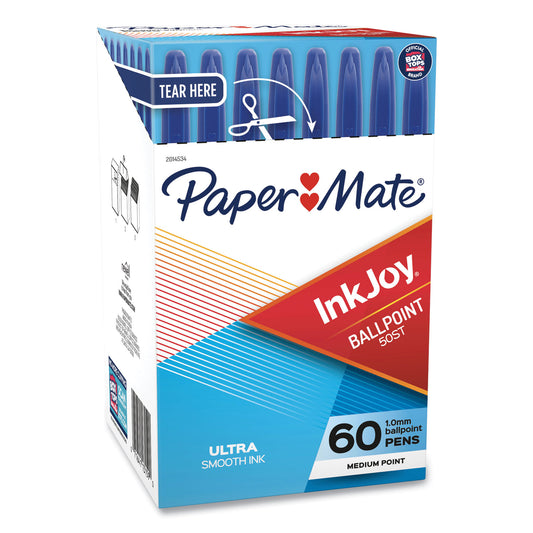 Paper Mate InkJoy 50ST Ballpoint Pen, Stick, Medium 1 mm, Blue Ink, Clear Barrel, 60/Pack (2014534)