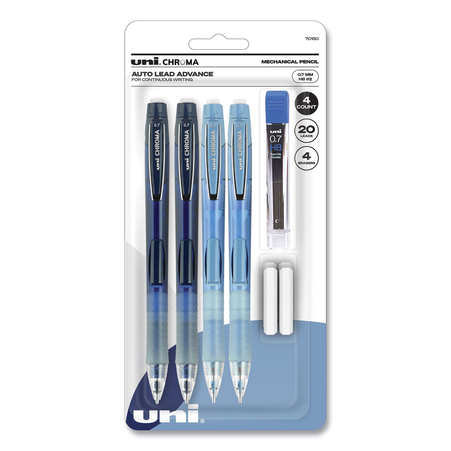 uni-ball Chroma Mechanical Pencils with Tube of Lead/Erasers, 0.7 mm, HB (#2), Black Lead, Assorted Barrel Colors, 4/Set (70150)