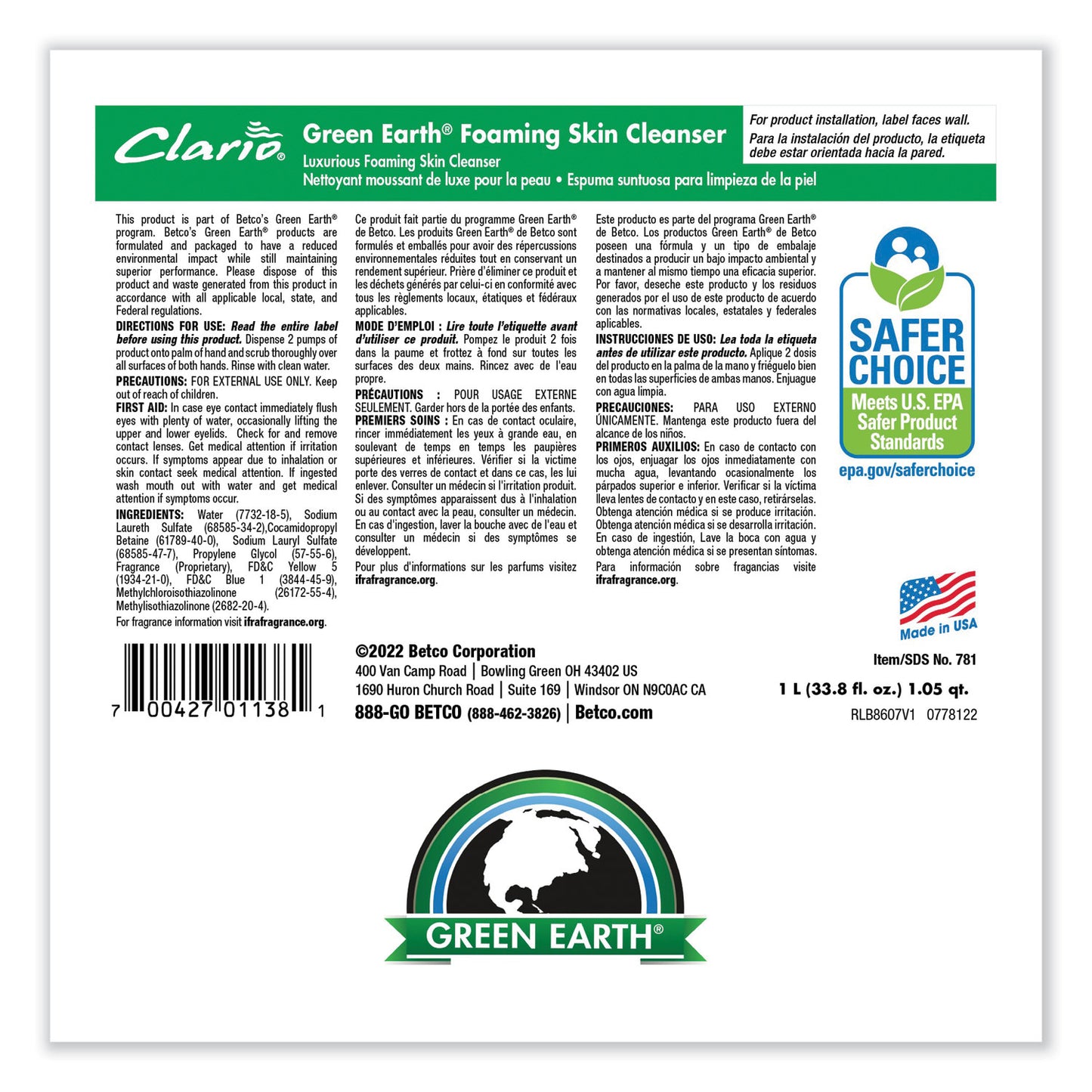 Betco Green Earth Foaming Skin Cleanser Refill, Fresh Meadow Scent, 1,000 mL, 6/Carton (7812900)