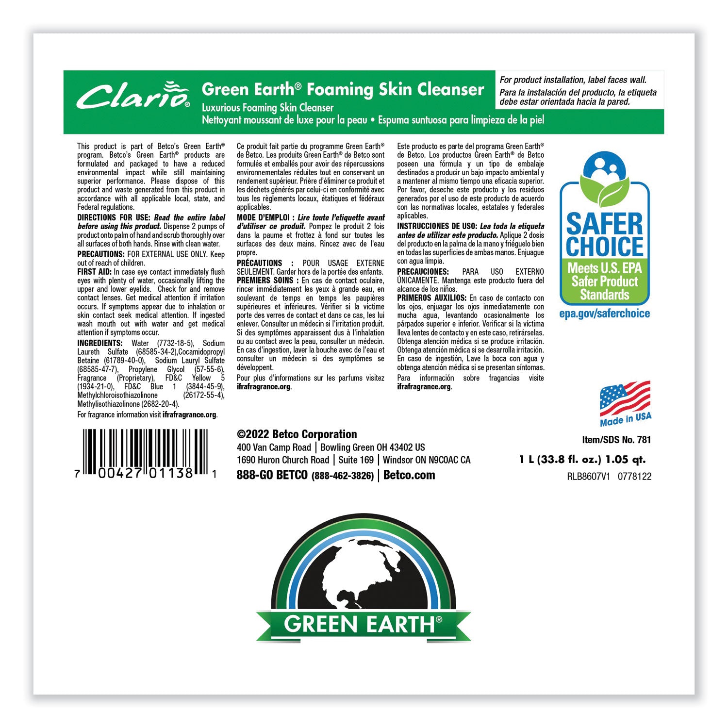 Betco Green Earth Foaming Skin Cleanser Refill, Fresh Meadow Scent, 1,000 mL, 6/Carton (7812900)