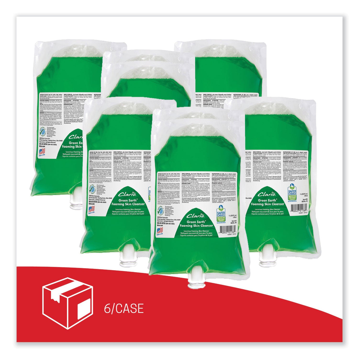 Betco Green Earth Foaming Skin Cleanser Refill, Fresh Meadow Scent, 1,000 mL, 6/Carton (7812900)